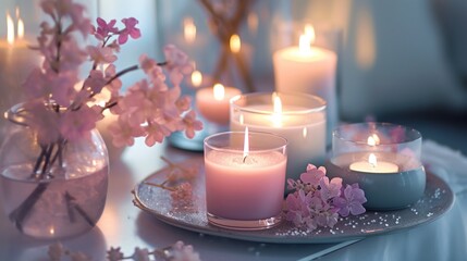  a group of lit candles sitting on top of a table next to a vase filled with pink flowers and a vase filled with pink and white flowers on a table. - obrazy, fototapety, plakaty