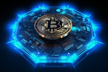 Golden bitcoin on circuit electronic board, financial technology, security measures, and investment