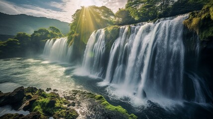 Majestic Waterfall Basked in Sunlight