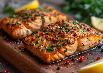 Grilled salmon steak with red pepper and lemon slice on wooden board.Macro.AI Generative.
