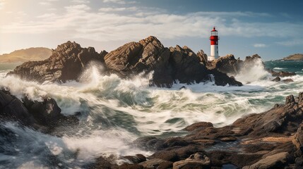 Fototapeta na wymiar Dynamic Seascape with a Lighthouse Beckoning Safety