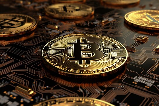 Gold bitcoin on electronic circuit board, financial technology, security, investment strategies