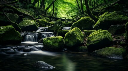 Enchanting Forest Stream with Moss-Covered Rocks