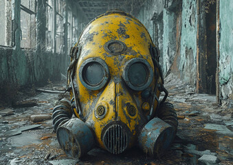 Old gas mask on the floor of old building in abandoned city destroyed by nuclear power plant.Major disaster and apocalipsys.Macro.AI Generative. - obrazy, fototapety, plakaty