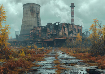 Abandoned city destroyed by nuclear power plant.Major disaster and apocalipsys.Macro.AI Generative.
