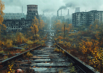 Abandoned city destroyed by nuclear power plant.Major disaster and apocalipsys.Macro.AI Generative.
