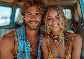 Young hippie couple inside vintage van on beach on road trip vacation.Macro.AI Generative. - obrazy, fototapety, plakaty