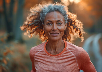Senior age afro american woman running in large city central park on sunny summer day.Macro.AI Generative.