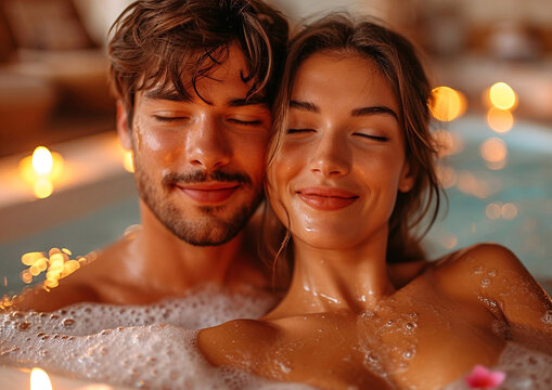 Happy young beautiful couple relaxing in jacuzzi bath on luxury hotel spa resort.Macro.AI Generative.