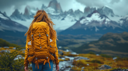  a woman in a yellow jacket is looking at a mountain range with snow capped mountains in the distance and a river running through the grass in front of the foreground.