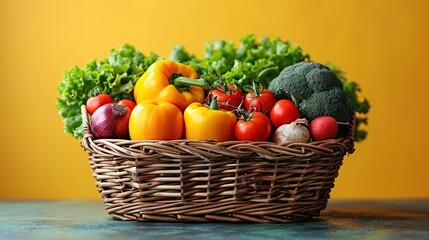 Assorted organic vegetables and fruits in wicker basket isolated on yellow background.