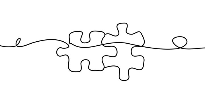 recommend clip art: Two connected puzzles line art. Jigsaw pieces continuous one line drawing. No background illustration.