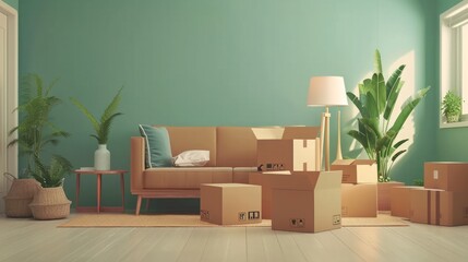 Moving house, relocation. New house, inside the room was a cardboard box containing personal belongings and furniture. move in the apartment or condominium. Generate by AI - obrazy, fototapety, plakaty