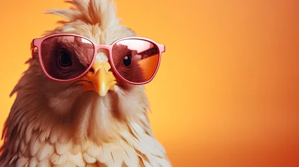 Fotobehang Chicken wearing sunglasses isolated on solid color background, copy space for text. © Mas