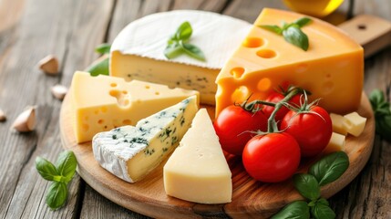  a variety of cheeses and tomatoes on a wooden platter with basil leaves and a bottle of olive oil on the side of the cheese is on a wooden board.