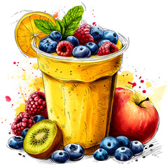 Fruit smoothie isolated on white background, doodle style, png
