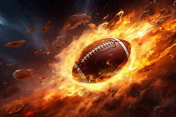 American football flying like a comet with trail of fire and smoke on night sky, black background
