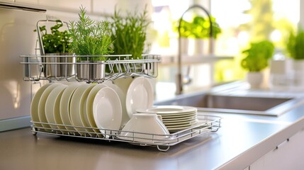  a dish rack filled with dishes sitting on top of a kitchen counter next to a sink with a bunch of green plants growing out of the top of the dishes. - obrazy, fototapety, plakaty