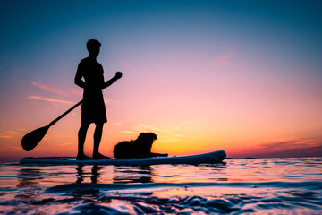 Silhouette of a man and a black dog on a Stand Up Paddle Board, SUP. Colorful sunset sky reflecting...