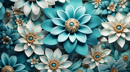Fototapeta premium Neural Bloom, 3D illustration featuring intricate turquoise flowers with a sublimation effect, Created using generative AI