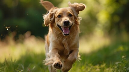  a close up of a dog running in the grass with a frisbee in it's mouth and a blurry background of grass and trees in the background.
