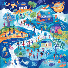 Fototapeta na wymiar A vibrant illustration showcasing diverse communities around the globe coming together to conserve and celebrate water on World Water Day