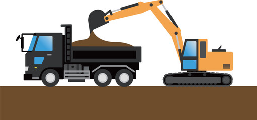 ダンプカーに掘削した土砂を載せるショベルカー © ROKUDANDA