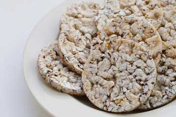 Round crispy rice crackers. Rice cakes