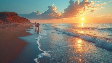  a couple of people walking along a beach next to the ocean with the sun setting over the ocean and a cliff on the side of the beach in the water. - obrazy, fototapety, plakaty