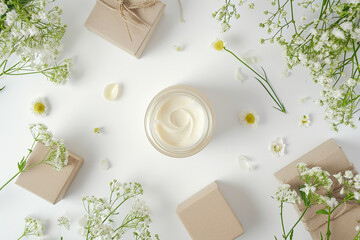beige and white natural cosmetic, vial and cream jars, gift boxes, flowers on white background
