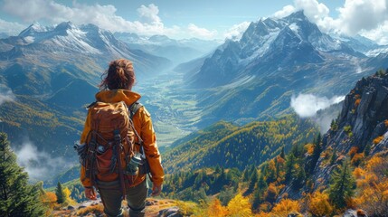  a person standing on top of a mountain looking out at a valley filled with trees and a mountain range in the distance with snow capped mountains in the foreground.