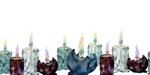 Hand drawn watercolor sea witch altar objects. Burning pillar and ball votive candles with flame, blue purple. Seamless banner isolated on white background. Design for print, shop, gothic, witchcraft - obrazy, fototapety, plakaty