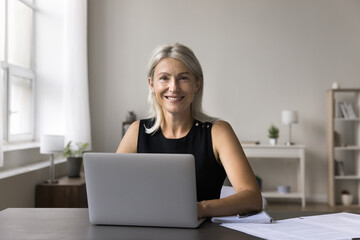 Attractive business woman sits at workplace desk, working on laptop, smile looking camera, posing, do research project, proud of professional achievement, successful leader feel satisfied with career
