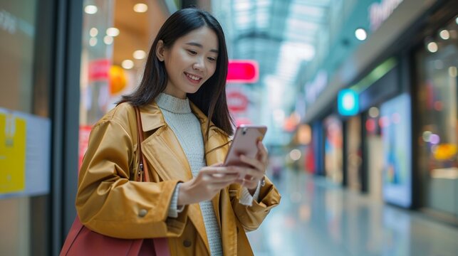 Beautiful Asian woman shopping online with mobile phone on banner background