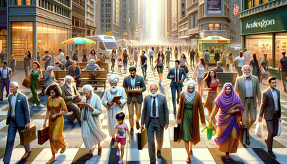 Diverse group of people crossing the street in a bustling city