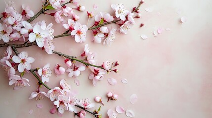 Fototapeta premium Cherry blossom flowers on pastel colored background