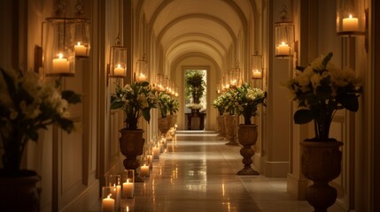 A beautifully arranged hallway with candles in sconces and floral arrangements, infusing the space with elegance and fragrance - Generative AI