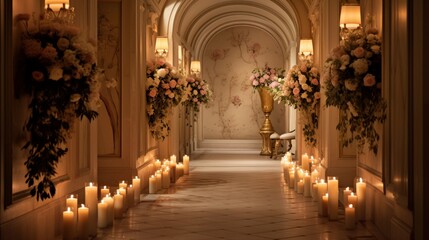 A beautifully arranged hallway with candles in sconces and floral arrangements, infusing the space with elegance and fragrance - Generative AI - obrazy, fototapety, plakaty