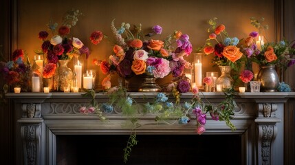 A beautifully lit mantelpiece showcasing an array of candles and an assortment of colorful flowers, adding a touch of grace - Generative AI