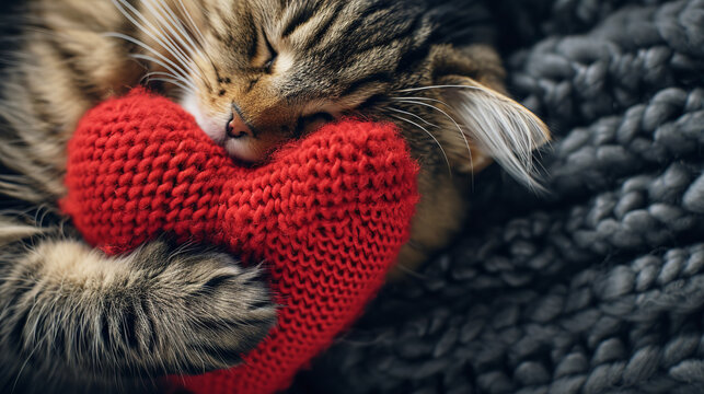 Cute cat hugs with a woolen heart. Happy Valentine's Day greeting card