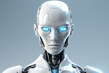 Futuristic robot man. detailed portrait of handsome android with blue glassy eyes