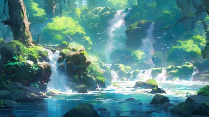 A breathtaking scene of a cascading waterfall in a pristine forest, capturing the play of light and shadow on the water's surface, Niji art style - Generative AI