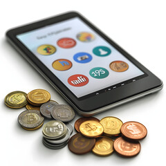 Digital tablet displaying a savings app, with coins beside it isolated on white background, detailed, png
