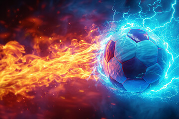 soccer ball with flames and lightning flying like a comet on night sky, blue and orange background