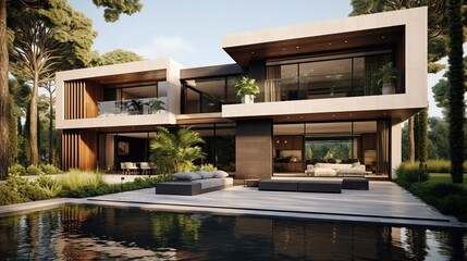 modern villa design with large windows. Modern architecture. - obrazy, fototapety, plakaty