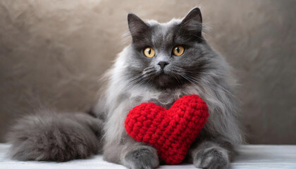 A red knitted heart and a cat. A postcard with a gray and black