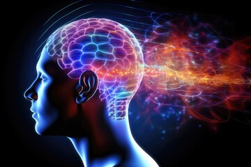 Fototapeta premium Human brain colorful smoke fire light bulb, color dust, Kaleidoscopic, short and long term memory, Vivid Motley Neon 3D Rendering, Creative mind processing stimuli, brain's neurons fire, deep learning