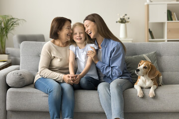 Cheerful grandma and happy mom cuddling little kid girl, sitting on comfortable home couch at cute dog, enjoying family leisure, relaxation with pet, family closeness. Child looking at camera
