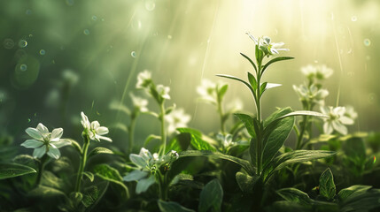  a close up of a plant with white flowers in the foreground and sunlight shining through the leaves on the other side of the plant, in the foreground.