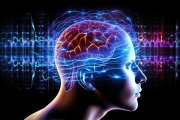 Fototapeta premium Human brain colorful smoke fire light bulb, color dust, Kaleidoscopic, short and long term memory, Vivid Motley Neon 3D Rendering, Creative mind processing stimuli, brain's neurons fire, deep learning